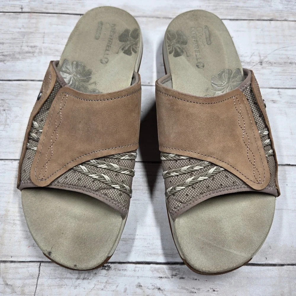 Merrell Lilyfern Aluminum Slide Sandals Womens 8 Tan Leather Mesh Braided S29